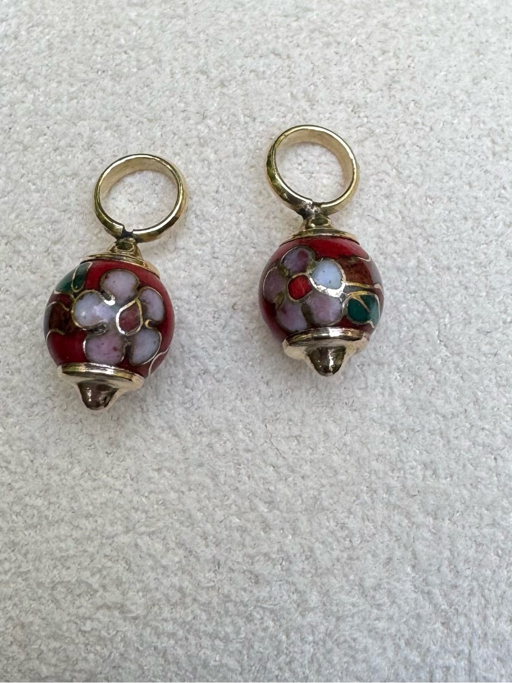 Vintage Red Cloisonne Floral Enamel Earring Charms Gold Tone Bead Drops Pair